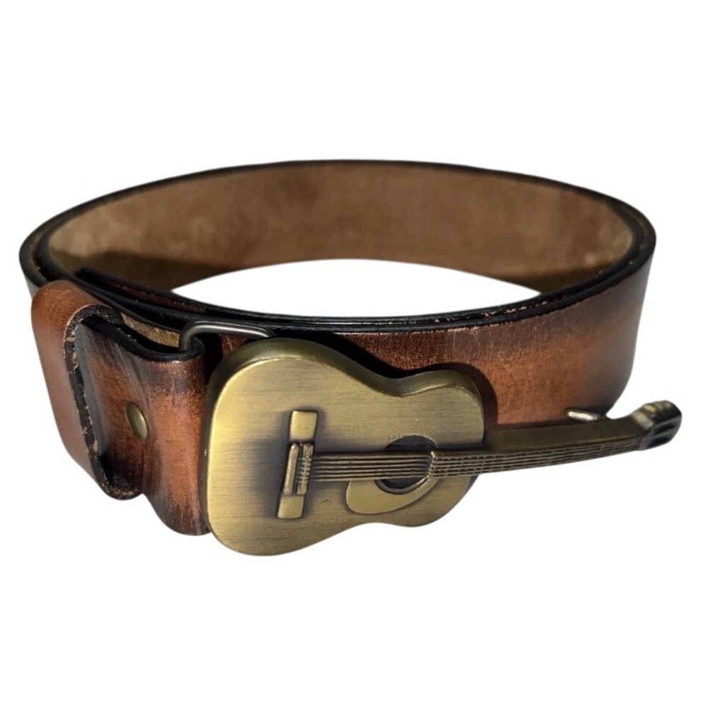 Old Navy Mens Brown Leather Belt Guitar Buckle Distressed Western 36 RN54023
